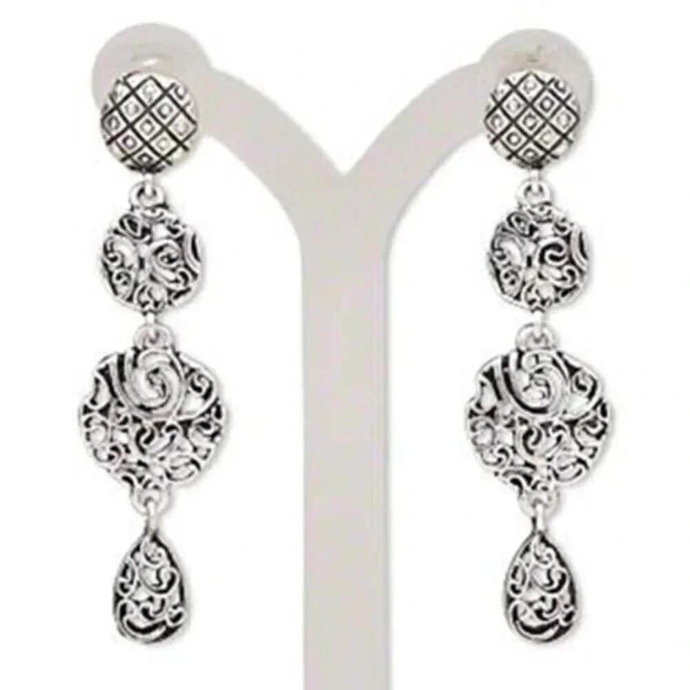 Antique Silver Plated Filigree Round and Teardrop Dangle Earrings